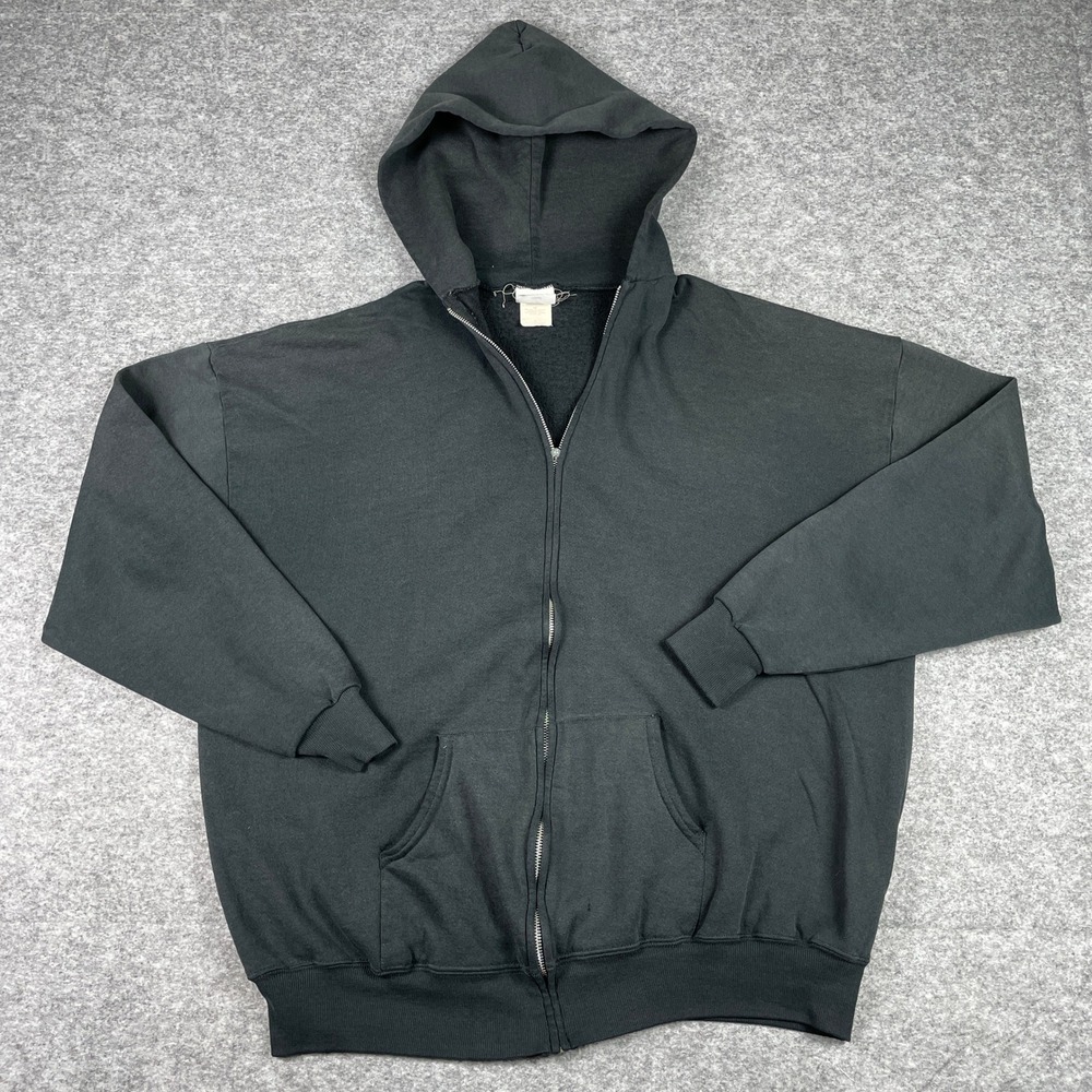 Vintage Jerzees Zip Hoodie Mens 3XL Black Blank Fleece Jacket Sweatshirt 90s